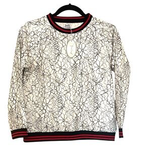 Frenchie Mini Couture giving Trussardi  brand vibes, white lace w/black, size 16